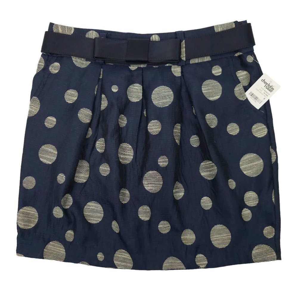 Charlotte Russe Mini Skirt Womens 6 Blue White Polka Dot Belted Box Pleat NEW